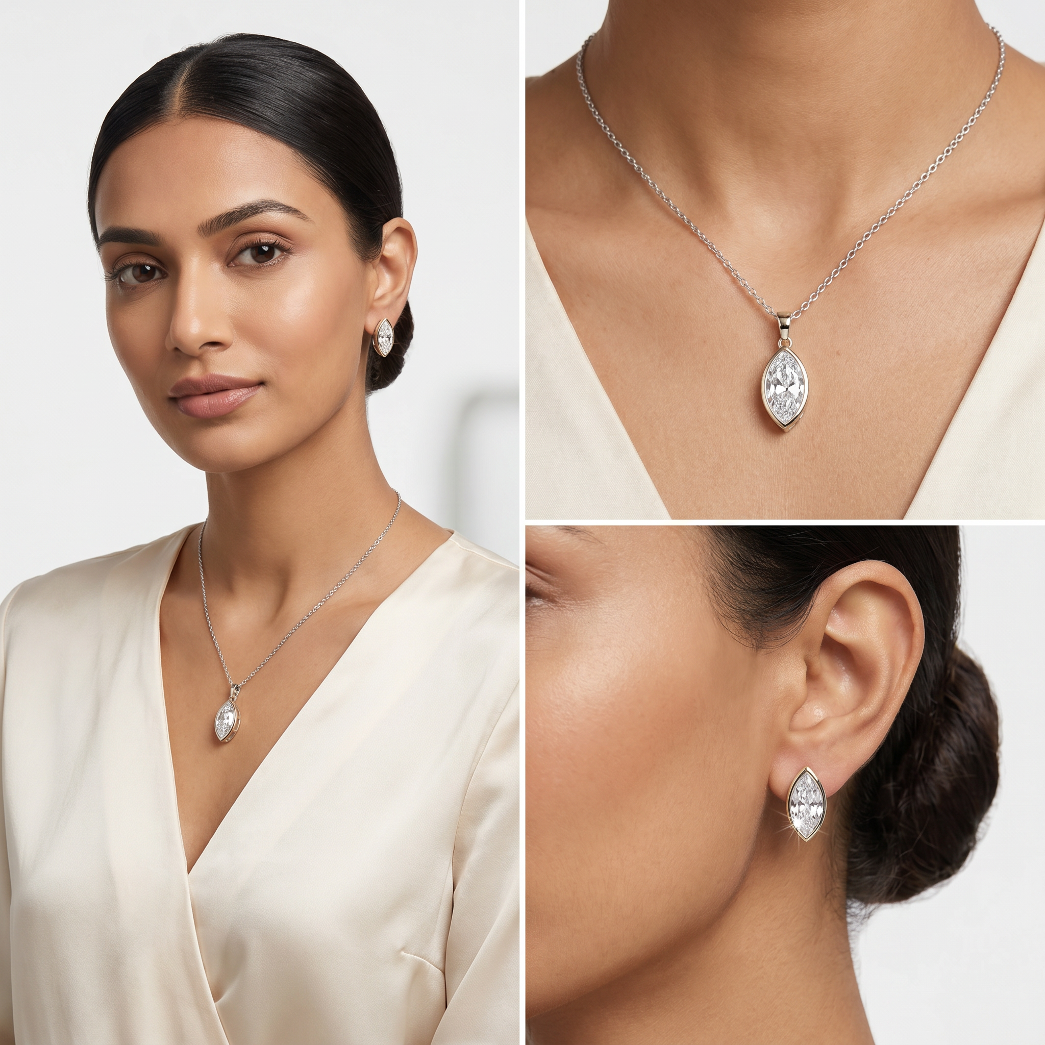 Silver Marquise Crystal Pendant Necklace Set