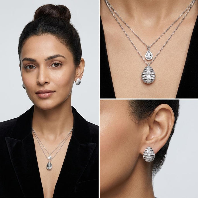 Silver Layered Crystal Drop Necklace Set
