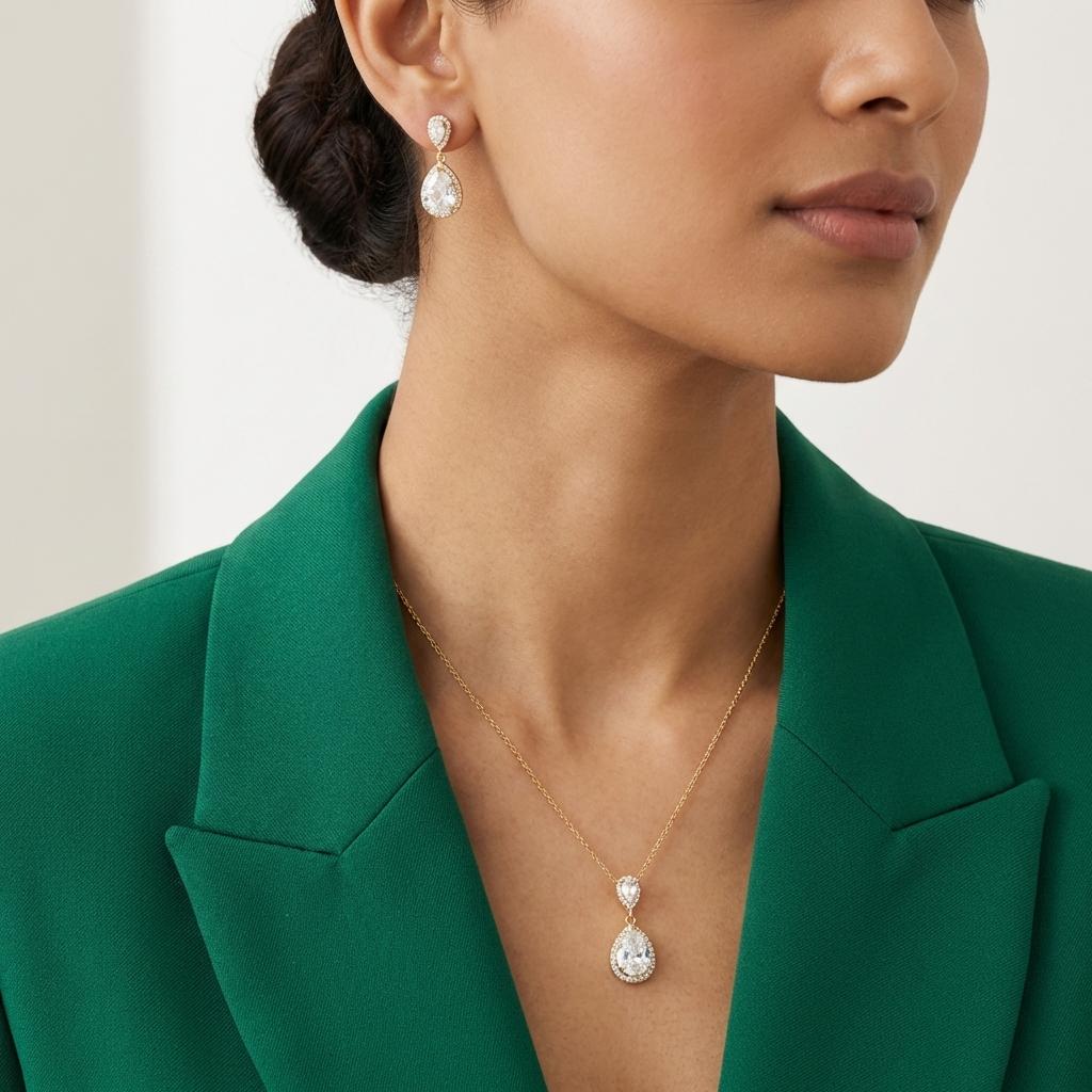 Gold-Tone Pear-Cut Crystal Pendant Necklace Set