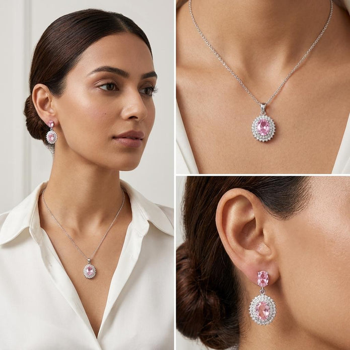 Silver Rose Pink Oval Halo Drop Pendant Set