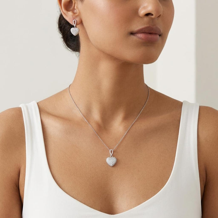 Silver Pavé Heart Crystal Pendant Necklace Set