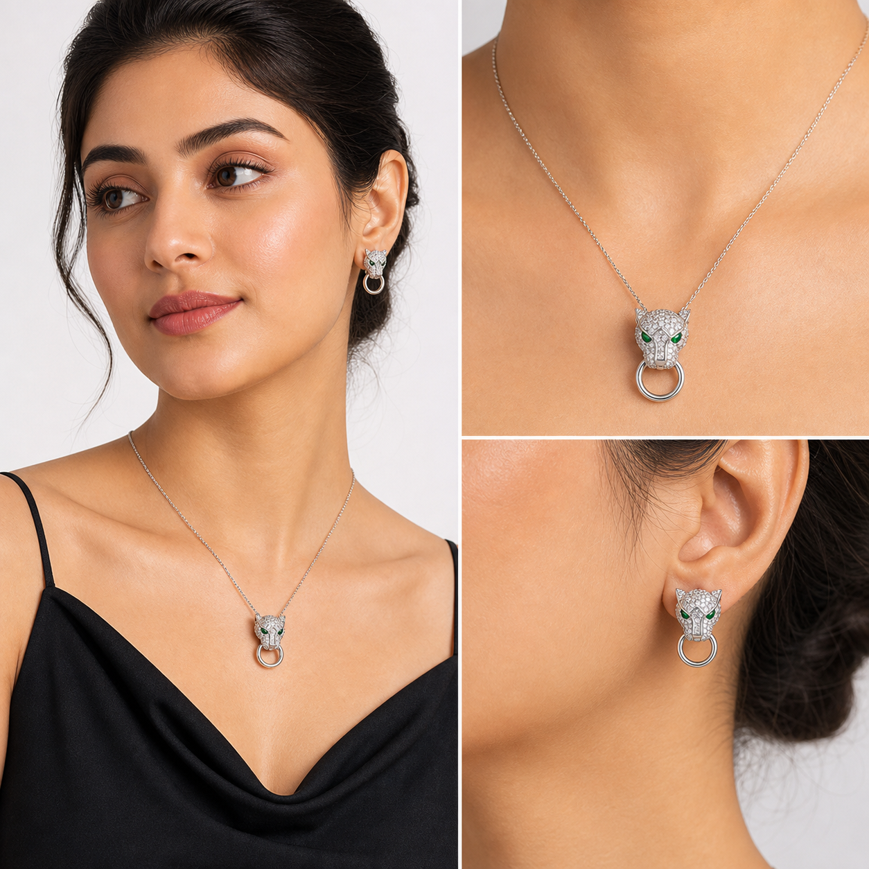 Silver Panther Head Statement Pendant Necklace Set — Silver / Gold - Silver