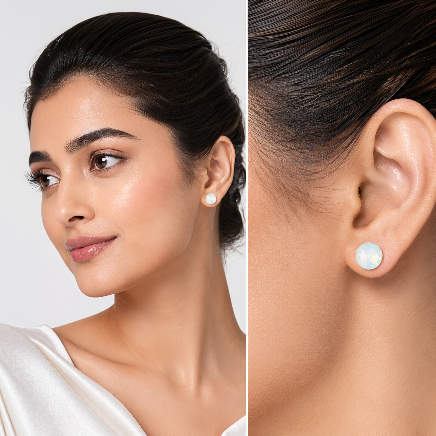 Round Brilliant Crystal Stud Earrings - Ivory Pearl