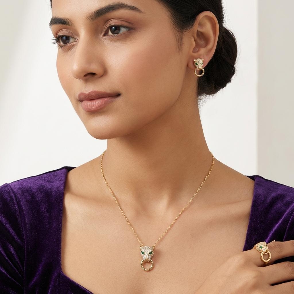 Silver Panther Head Statement Pendant Necklace Set — Silver / Gold - Gold