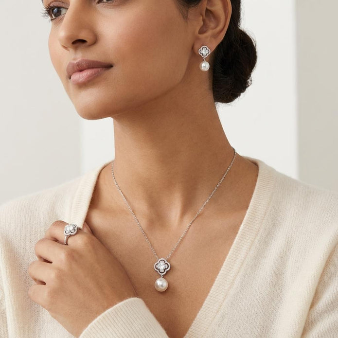 Silver Floral Pearl Drop Pendant Necklace Set