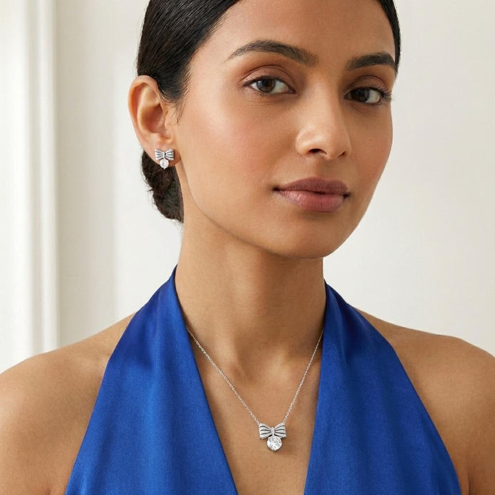 Silver Crystal Bow Pendant Necklace Set