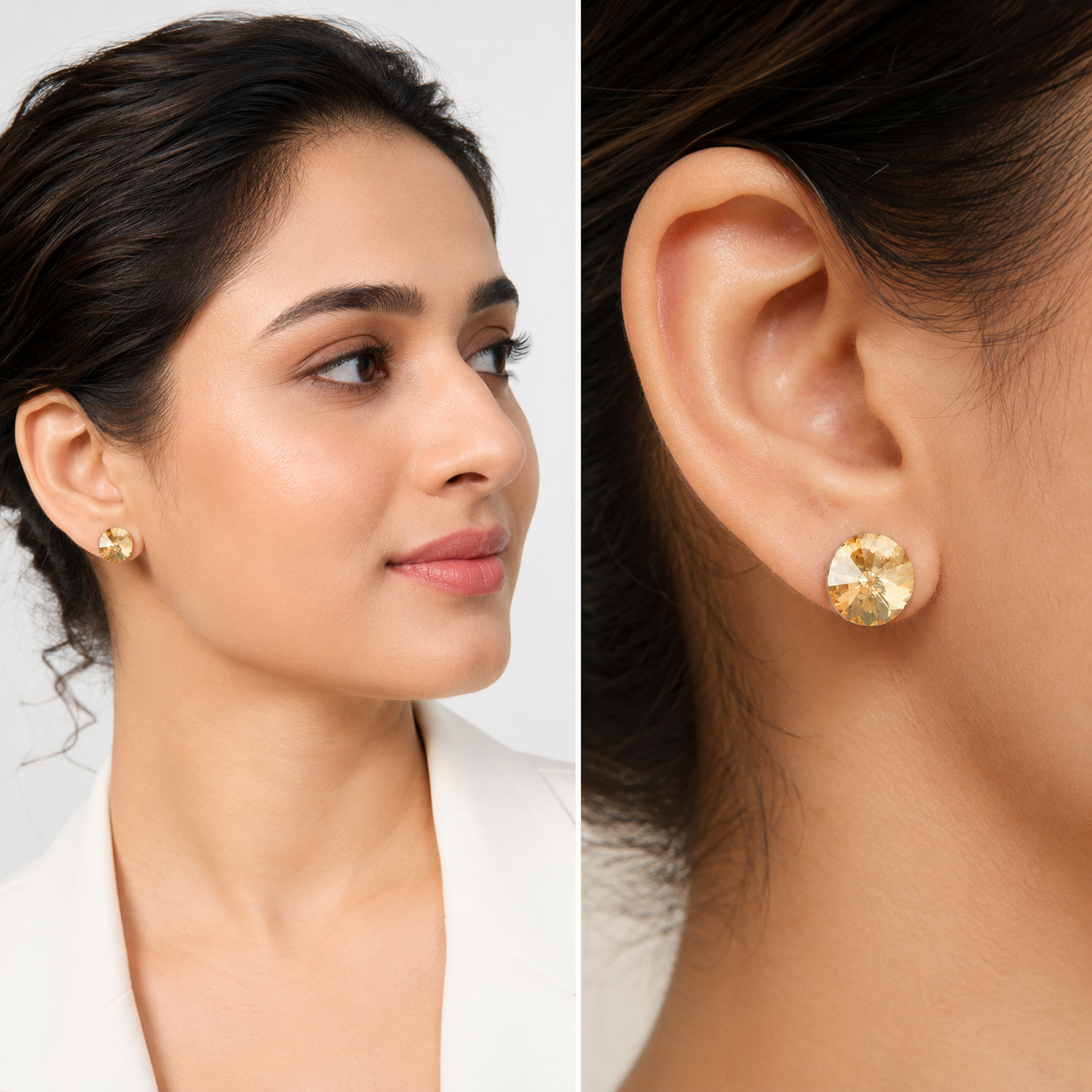 Gold Champagne Round Crystal Stud Earrings