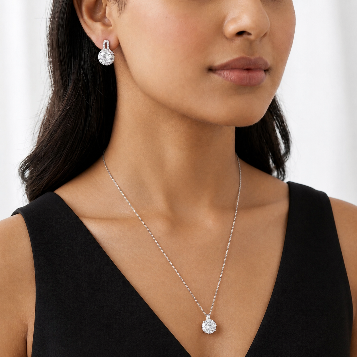 Silver Brilliant Round Halo Pendant Necklace Set