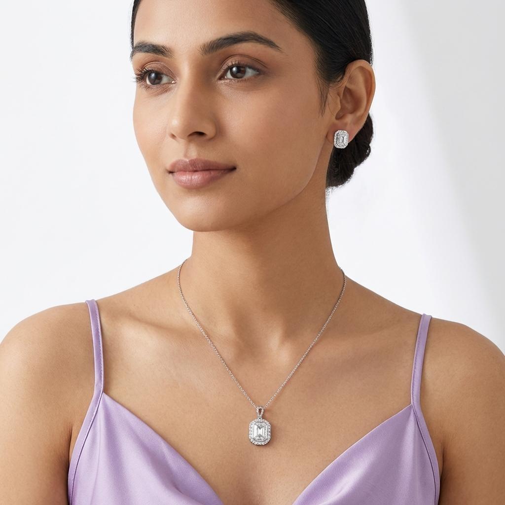 Silver Emerald-Cut Crystal Pendant Necklace Set