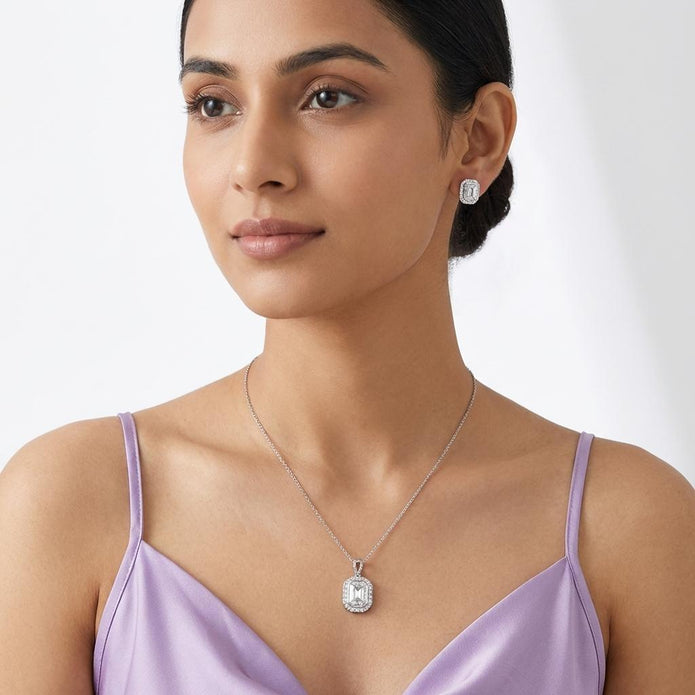 Silver Emerald-Cut Crystal Pendant Necklace Set