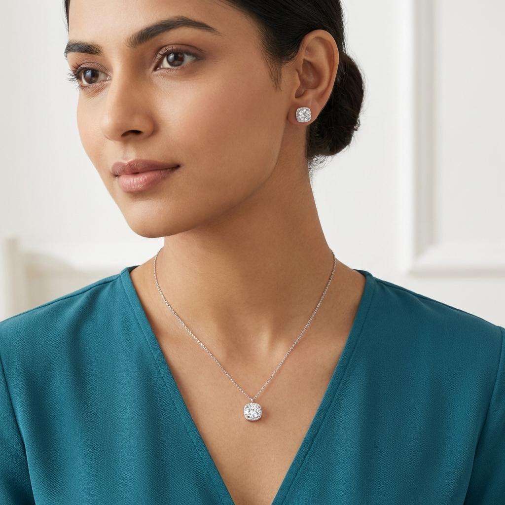 Silver Cushion-Cut Halo Crystal Pendant Set
