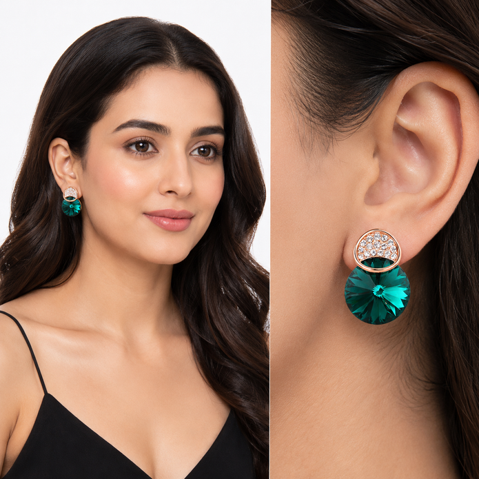 Emerald Glow Rivoli Stud Earrings - Emerald Green