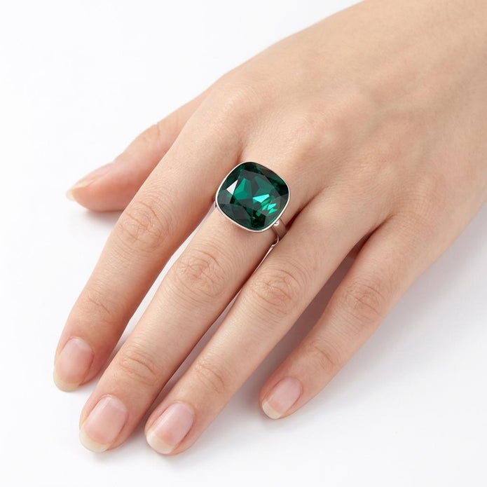 Aurora Crystal Cushion Ring - Emerald Green