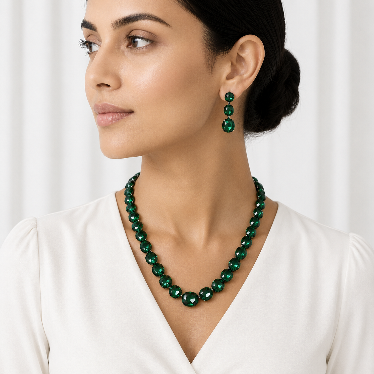 Soft Blush Square Crystal Necklace Set - Emerald Green