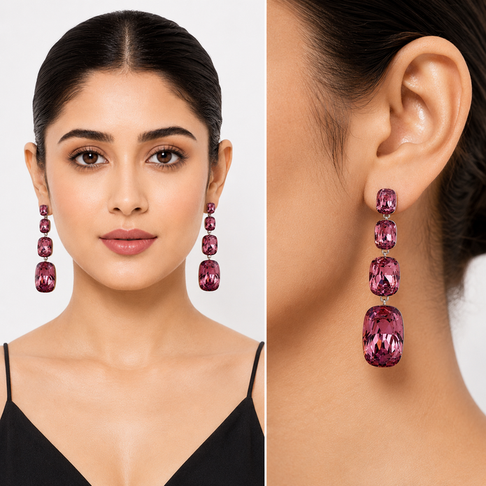 Three-Stone Cushion Drop Earrings - Clear