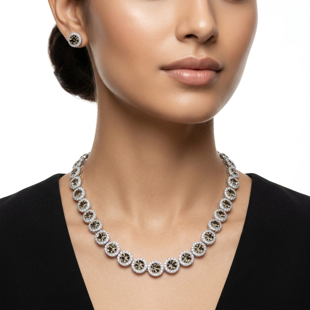 Clear Crystal Round-Cut Halo Tennis Necklace Set