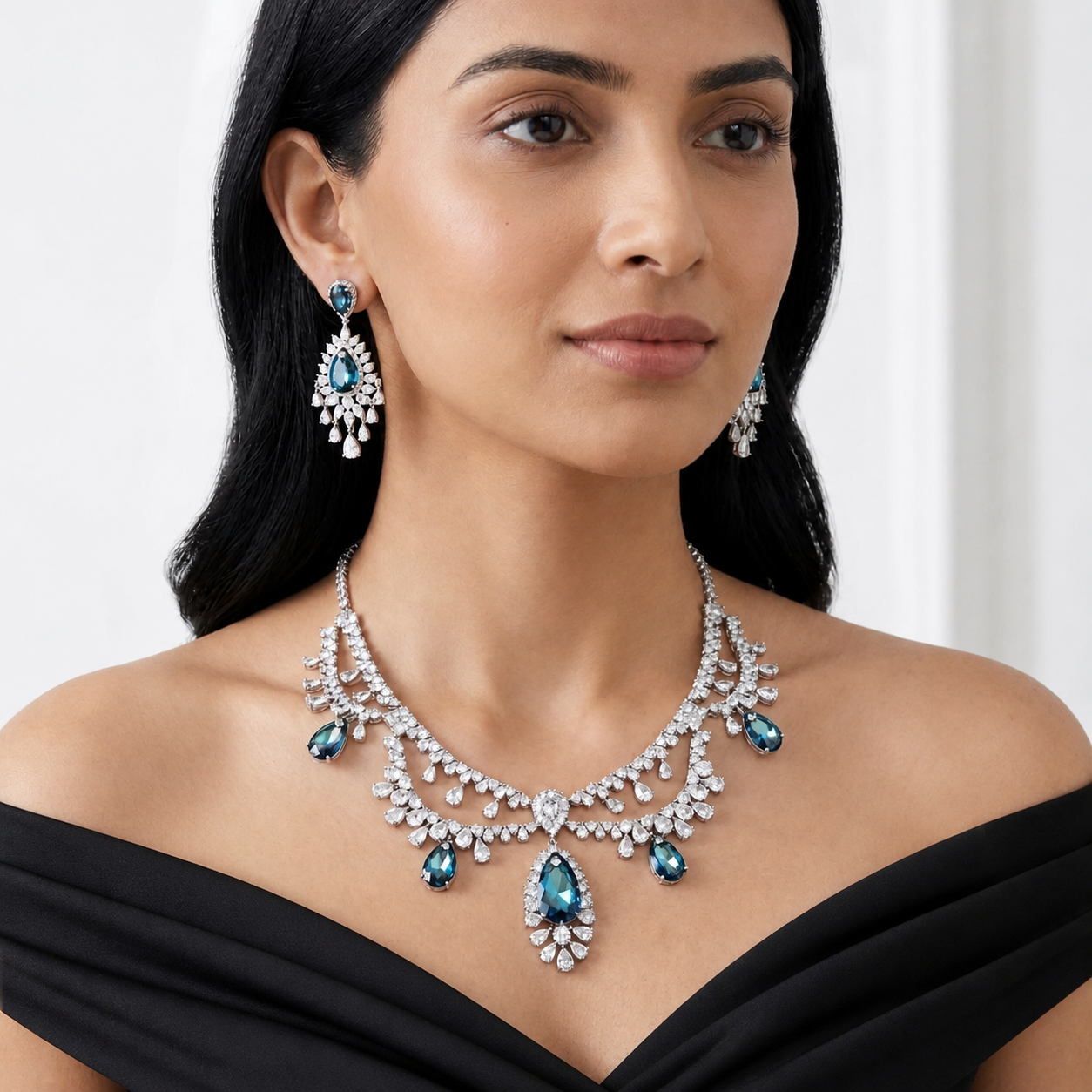 Aqua Majesty Teardrop Statement Necklace Set
