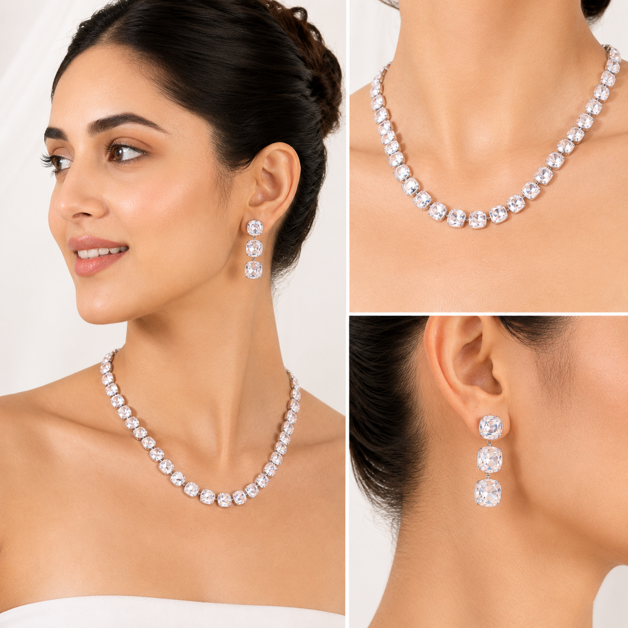 Soft Blush Square Crystal Necklace Set - Blush pink