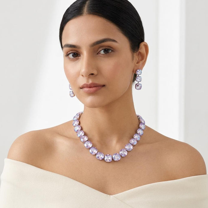 Soft Blush Square Crystal Necklace Set - Lavender