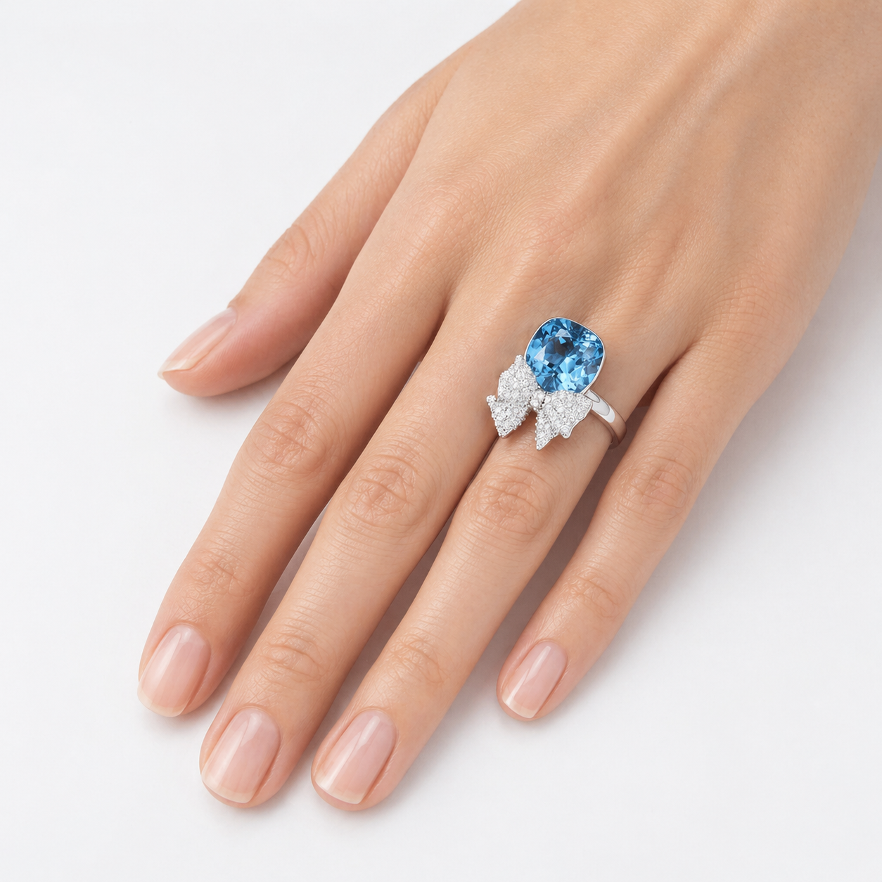 Blue Bow Cushion Ring - Aqua Blue