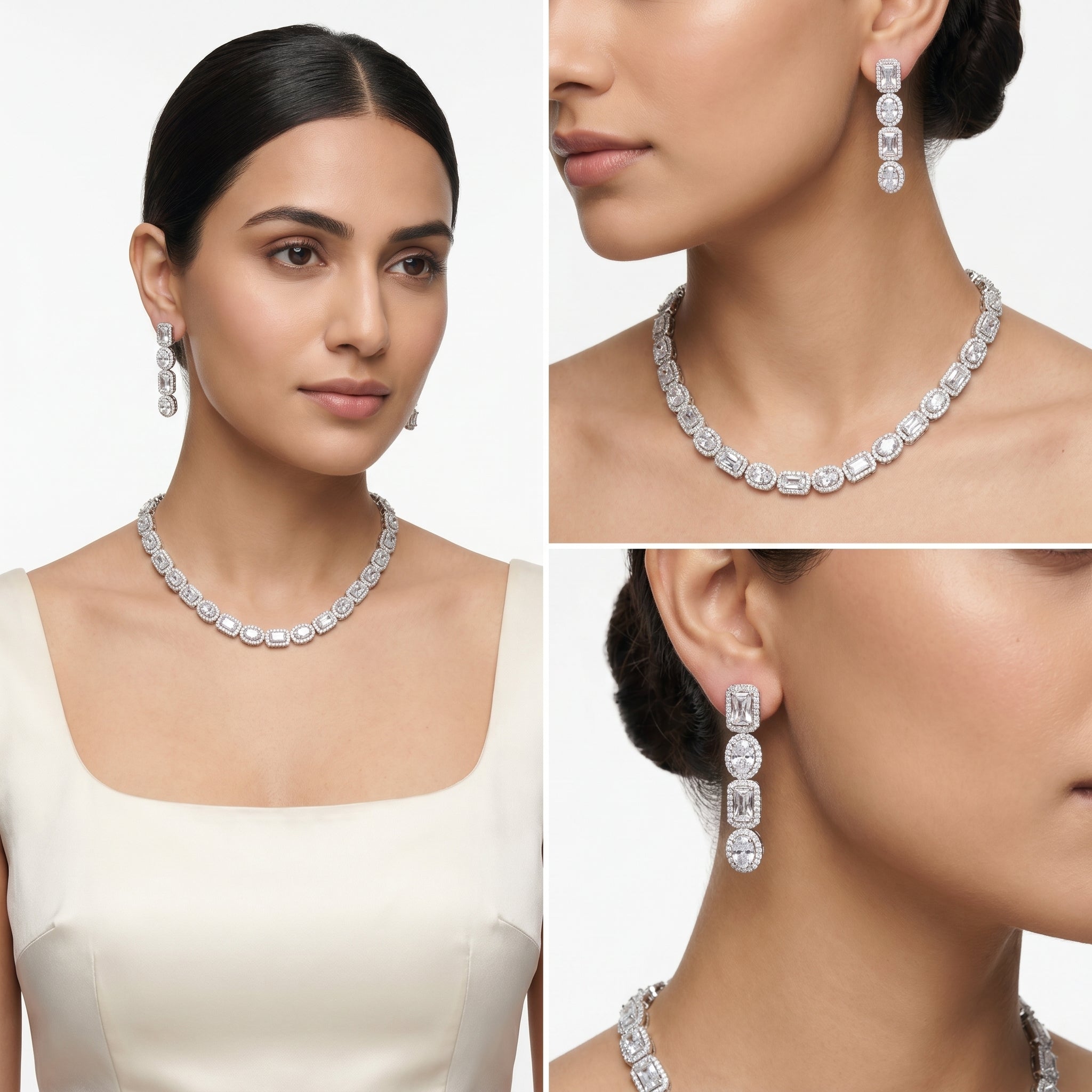 Clear Mixed-Cut Baguette Tennis Necklace & Drop Earring Set