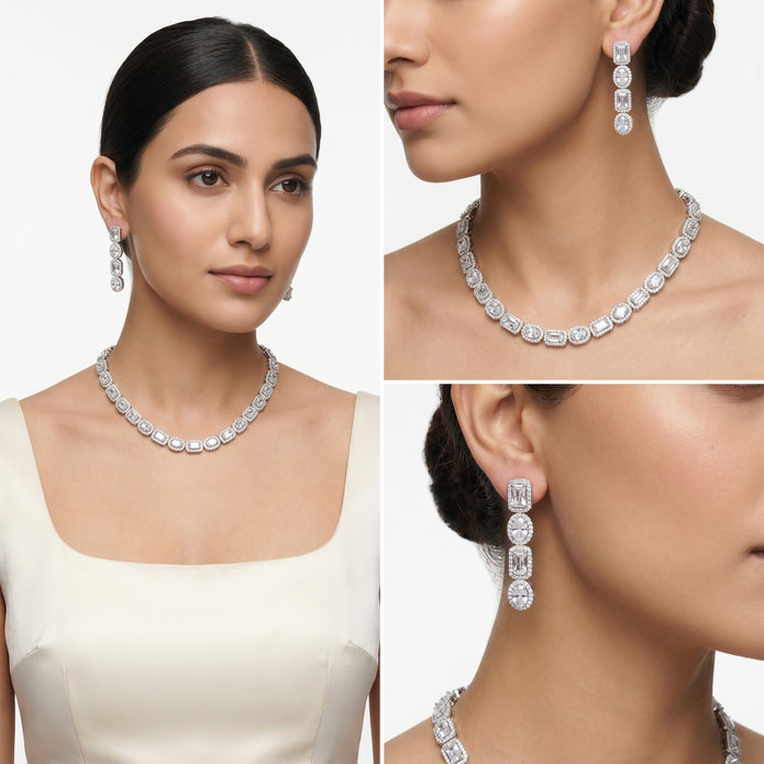 Clear Mixed-Cut Baguette Tennis Necklace & Drop Earring Set