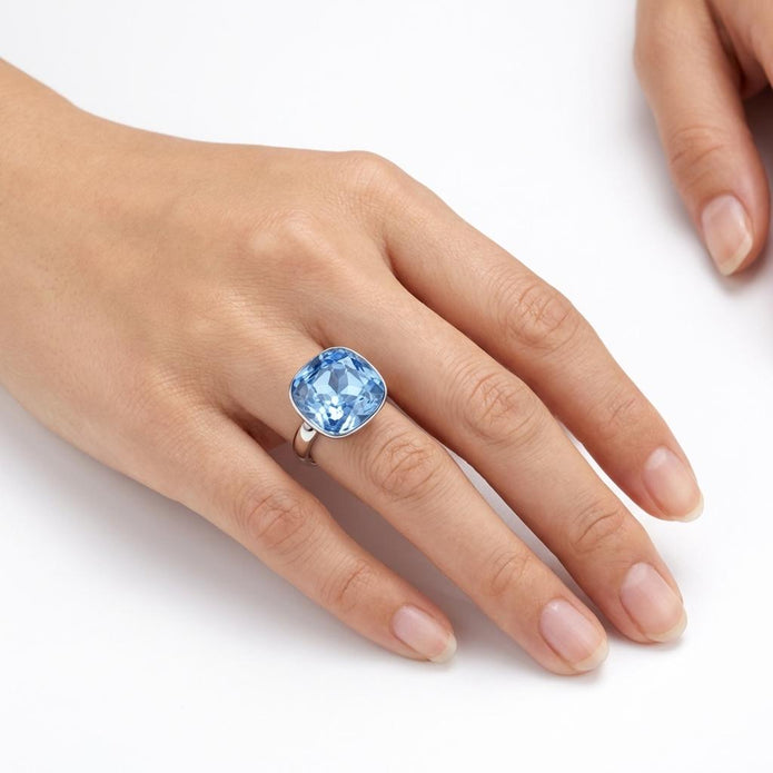 Aurora Crystal Cushion Ring - Deep Blue
