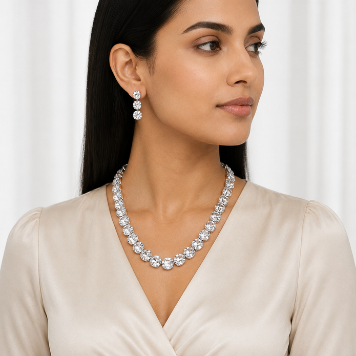 Soft Blush Square Crystal Necklace Set - Ivory Pearl