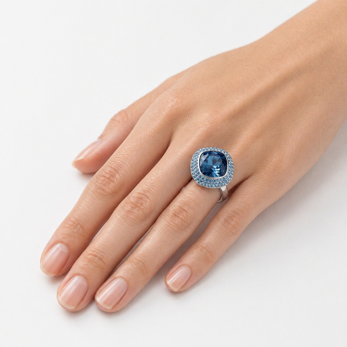 Champagne Halo Round Ring - Deep Blue