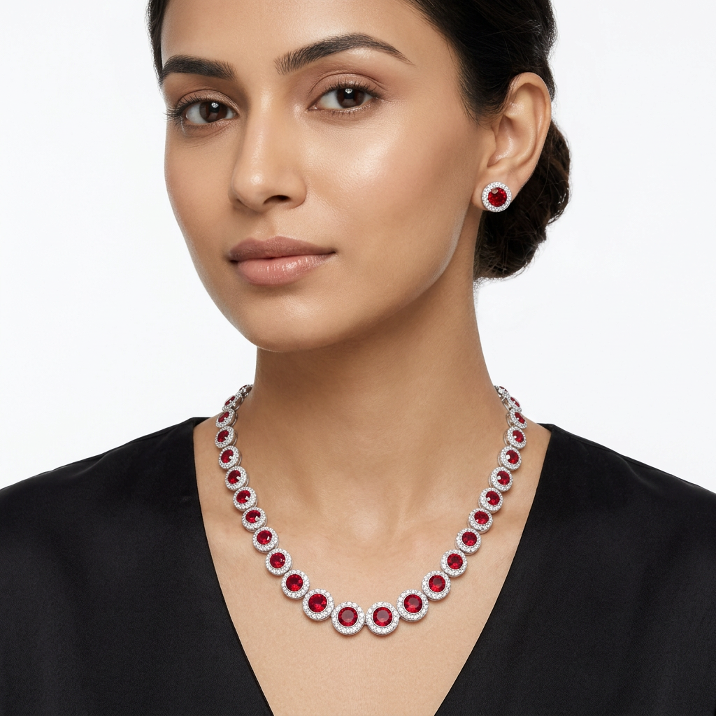 Deep Blue Sapphire-Tone Halo Tennis Necklace Set - Ruby Pink
