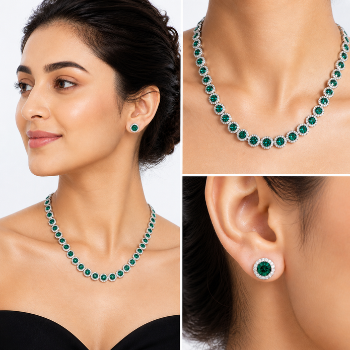 Emerald Green Round-Cut Halo Tennis Necklace Set