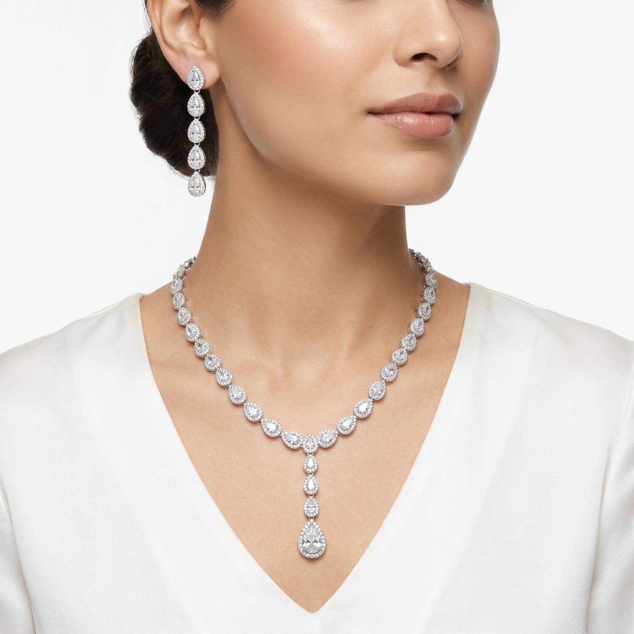 Clear Pear-Drop Halo Pendant Necklace & Earring Set