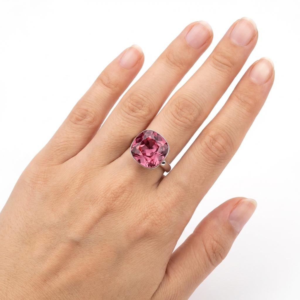 Aurora Crystal Cushion Ring - Ruby Pink