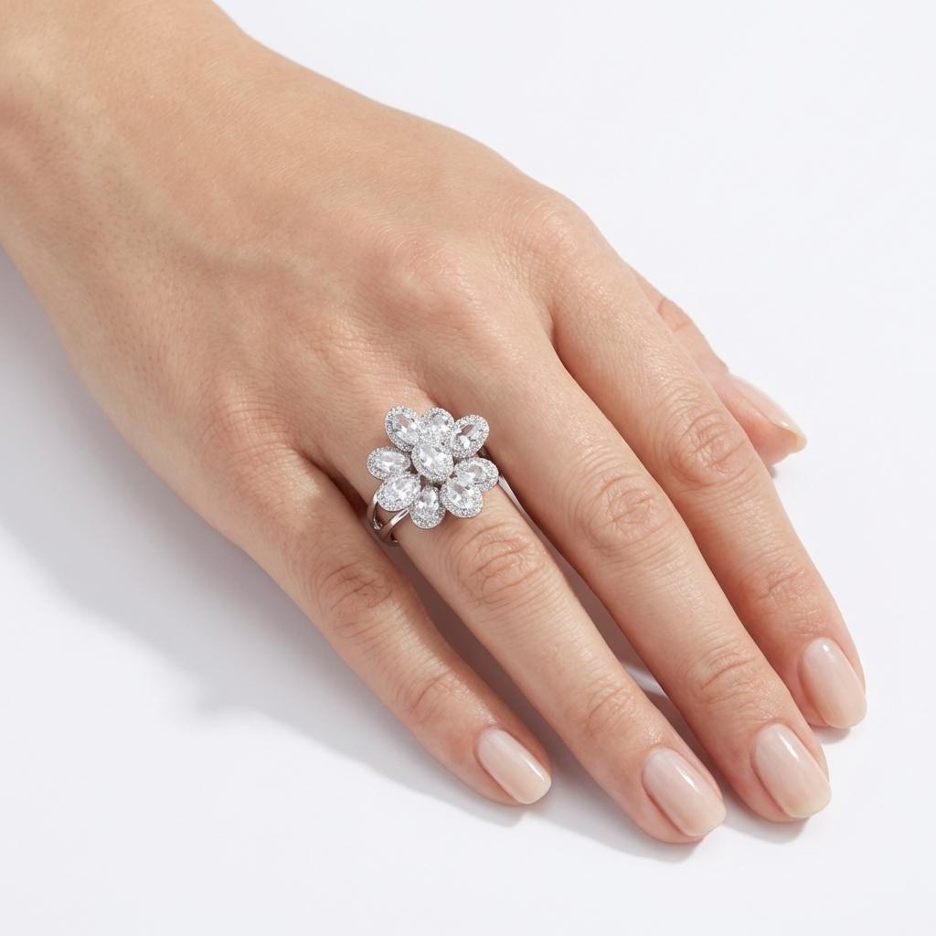 White Blossom Oval Cluster Ring