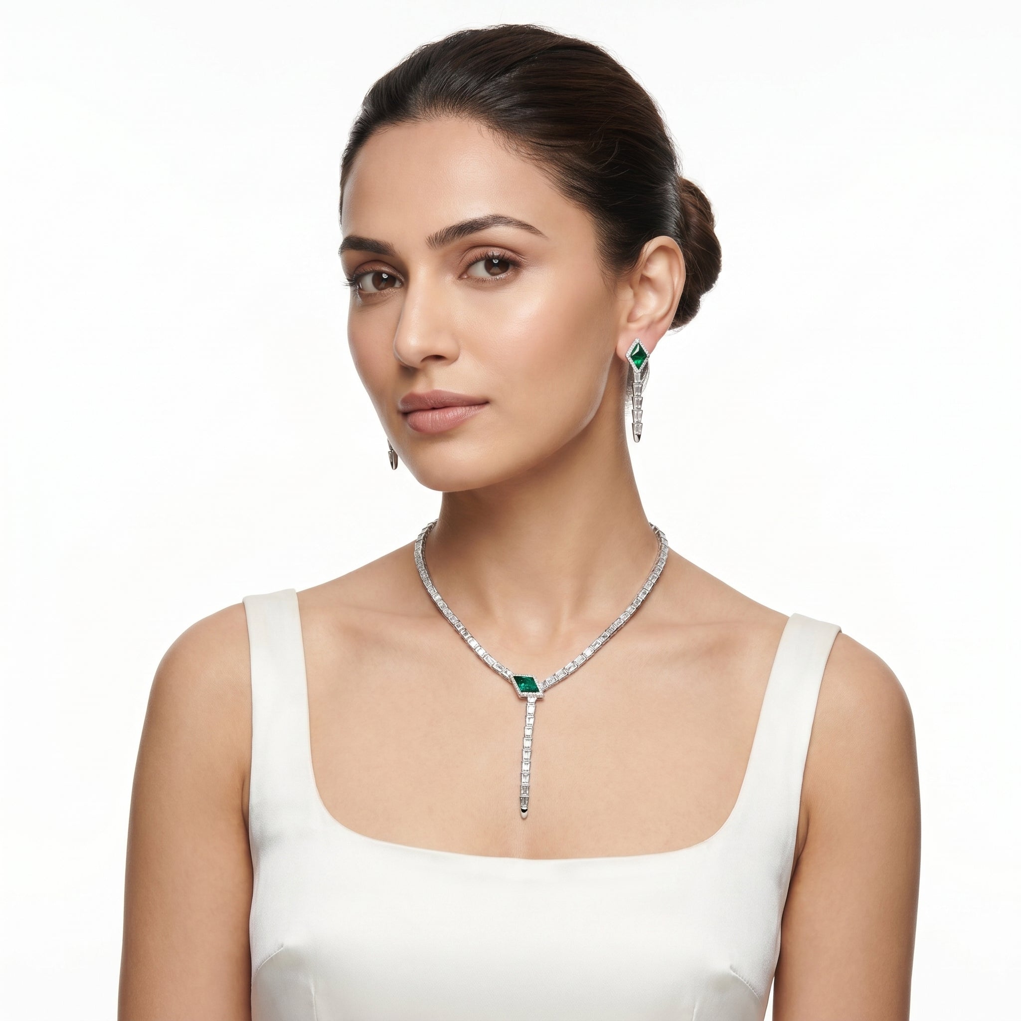Emerald Green Kite Stone Serpent Lariat Necklace & Drop Earring Set