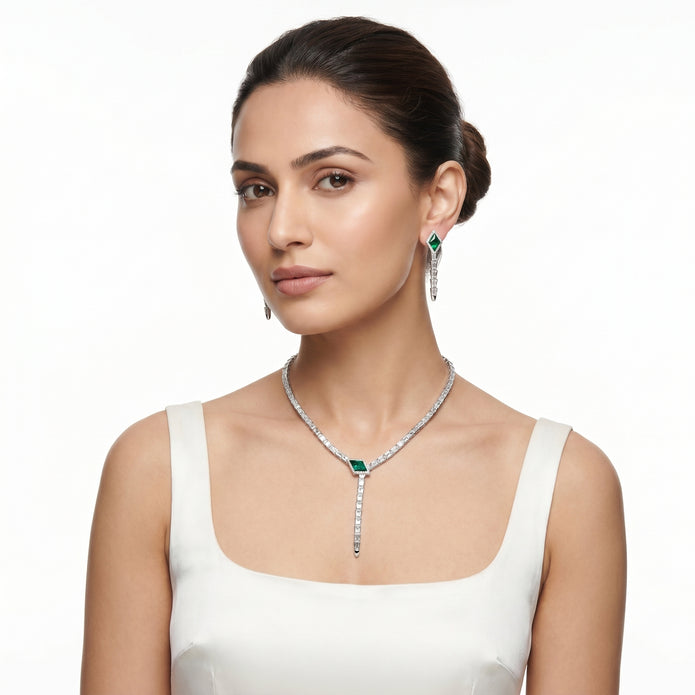 Emerald Green Kite Stone Serpent Lariat Necklace & Drop Earring Set