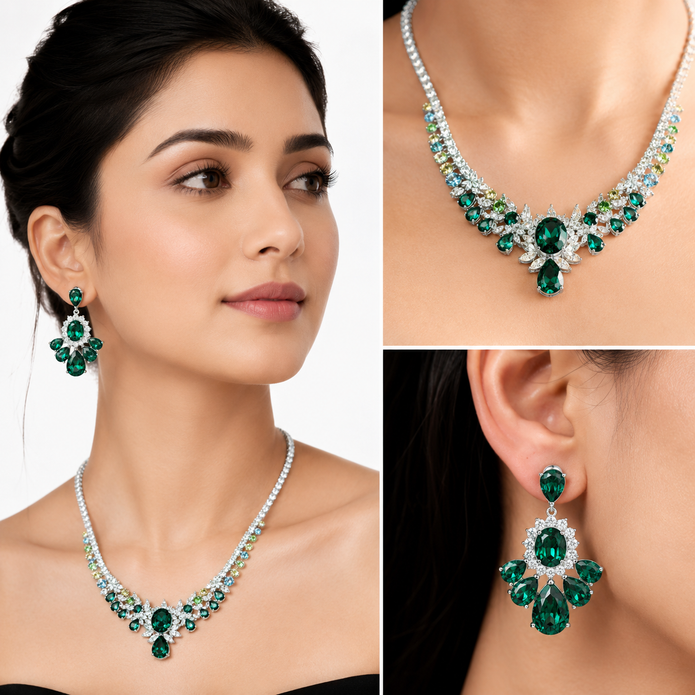 Emerald Garden Statement Necklace Set - Emerald Green