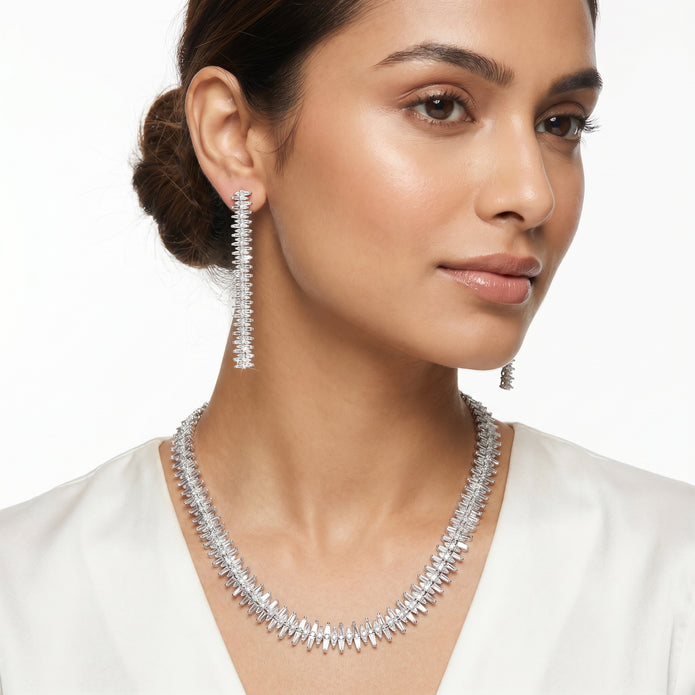 Silver Ribbed Textured Choker & Bar Drop Earring Set