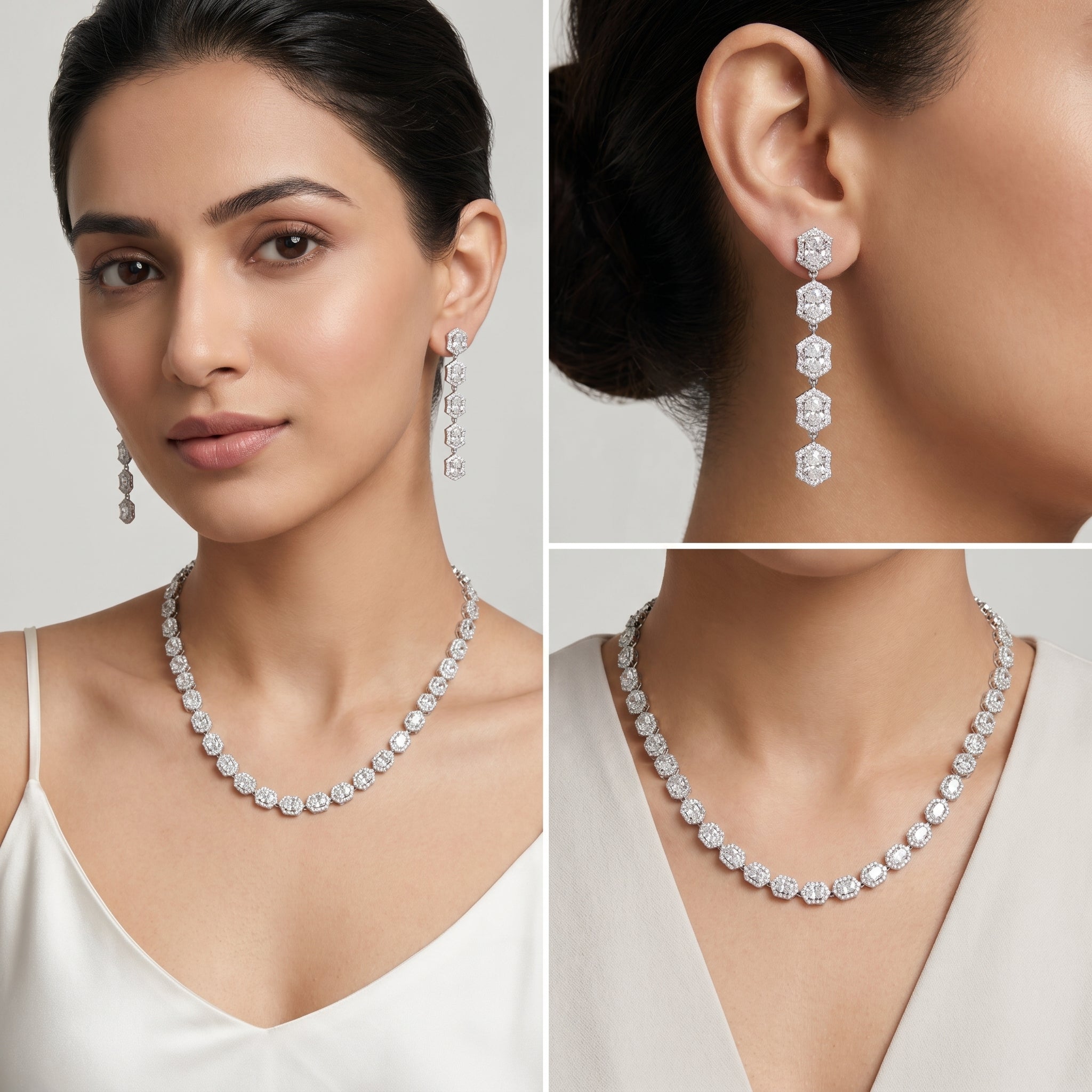 Clear Cushion-Cut CZ Tennis Necklace & Drop Earring Set