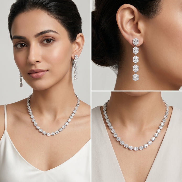 Clear Cushion-Cut CZ Tennis Necklace & Drop Earring Set