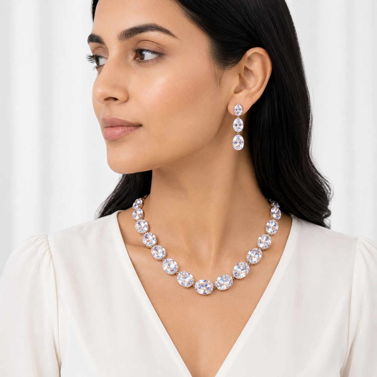 Aqua Dream Oval Crystal Necklace Set - Clear