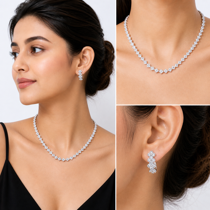 Clear Floral Cluster CZ Tennis Necklace & Hoop Earring Set
